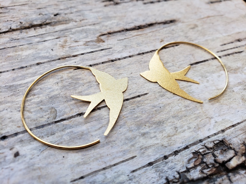 Flying Bird Earrings In 14K Gold Over Sterling Silver